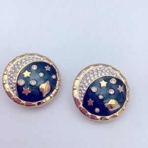 Vintage Swarovski Crystals Encrusted Enamel Moon & Star Clip Earrings